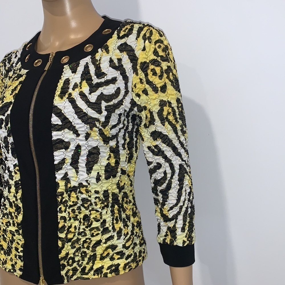 JOSEPH RIBKOFF Yellow tiger Animal Print Zip Up Dressy Sequin Jacket size 8 - Picture 6 of 15